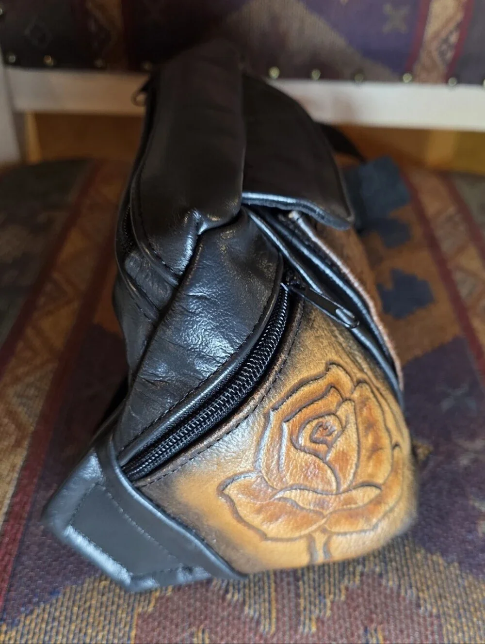 Vintage 1990s Hand-Tooled Leather Rose Waist Bag / Fanny Pack EUC